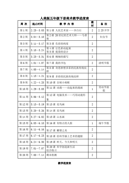 人美版五年级下册美术教学进度表