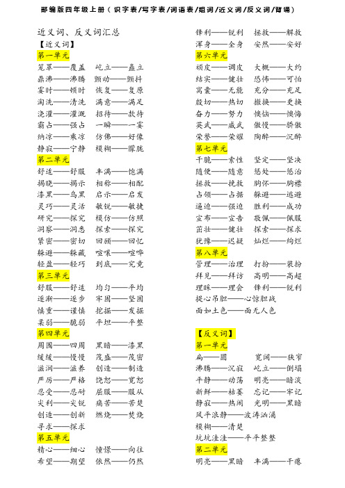 部编版四年级语文上册(识字表写字表词语表组词近义词反义词背诵))