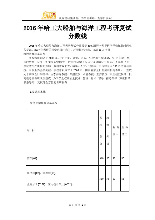 2016年哈工大船舶与海洋工程考研复试分数线