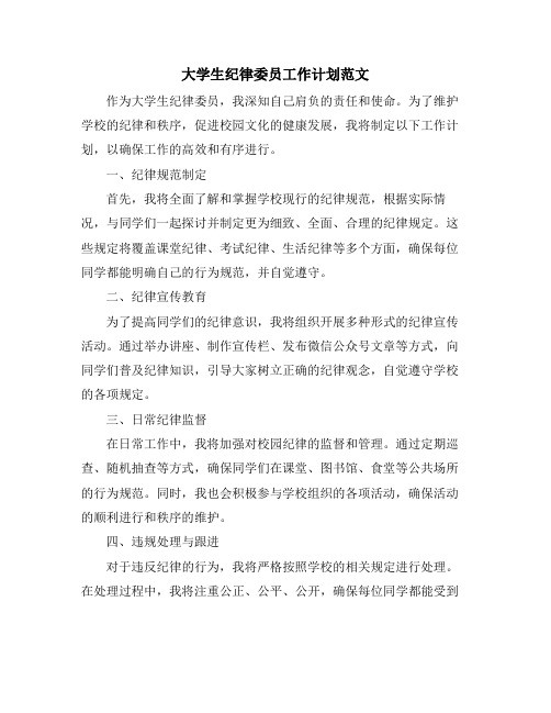 大学生纪律委员工作计划范文
