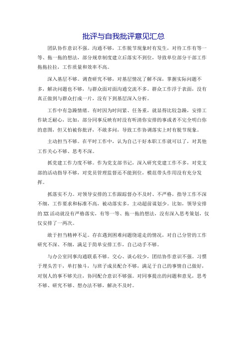 批评与自我批评意见汇总