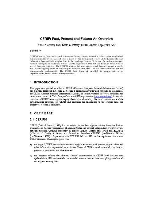 Summary CERIF Past, Present and Future An Overview