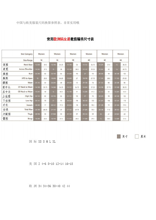 中国与欧美服装尺码换算参照表剖析
