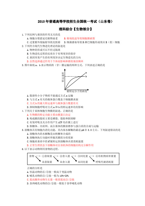 2010年高考理综(山东卷)无错版(含答案)