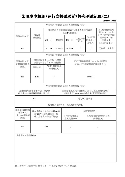 柴油发电机组(运行交接试验前)静态测试记录二