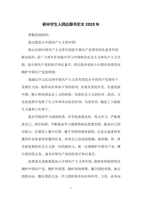 初中学生入团志愿书范文2020年