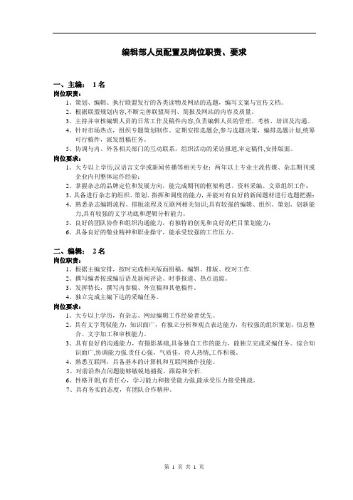 编辑部人员配置及各岗位职责、要求