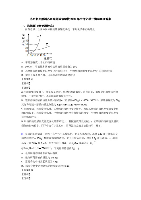 苏州北外附属苏州湾外国语学校2020年中考化学一模试题及答案