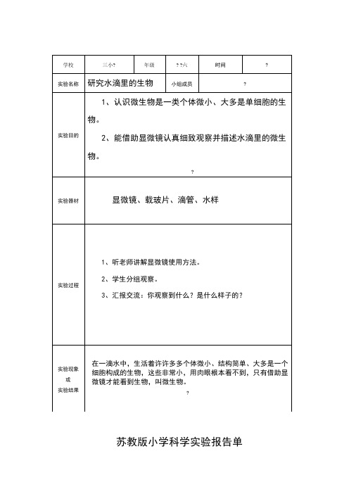 苏教版六年级上册小学科学实验报告单