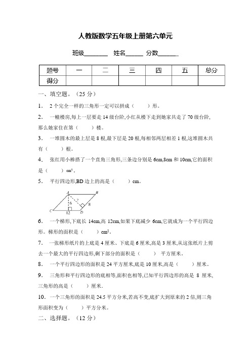 五年级上册数学人教版 第六单元多边形的面积单元测试(含答案)