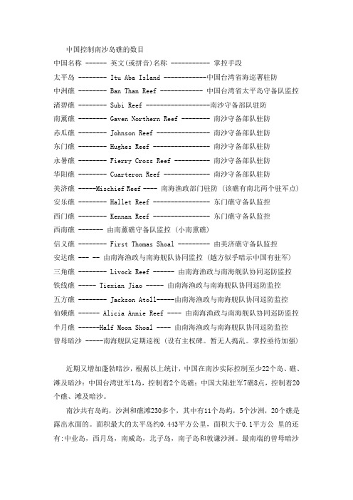 中国控制南沙岛礁的数目