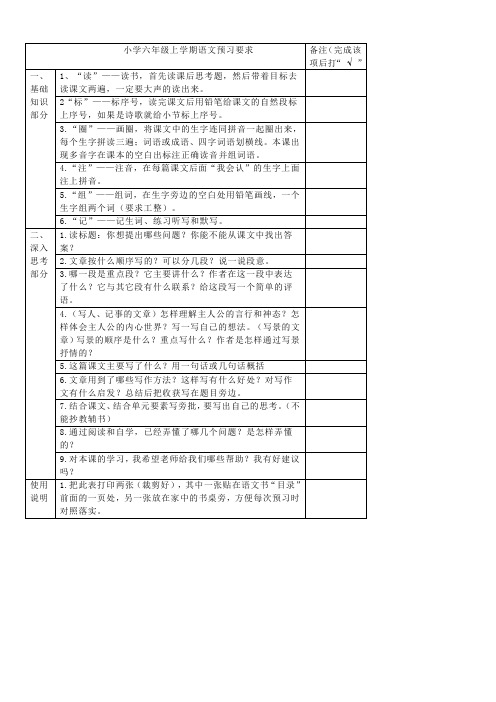 小学六年级上学期语文预习要求(预习表)