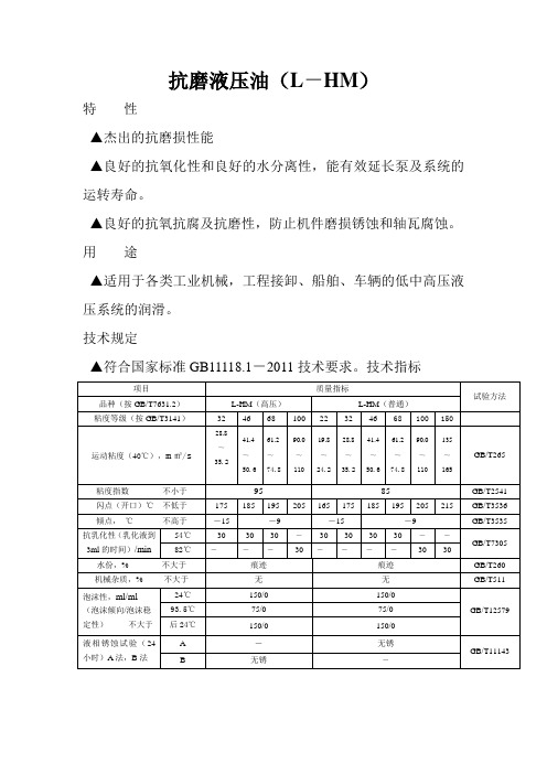 抗磨液压油技术参数