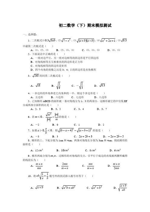 初二数学(下)期末模拟测试