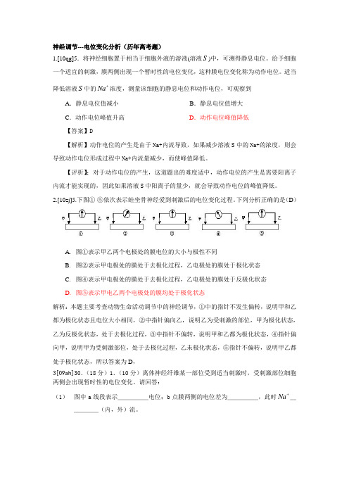 电位变化分析 ,神经调节相关高考题