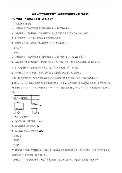 2019届辽宁省沈阳市高三上学期期末考试物理试题(解析版)
