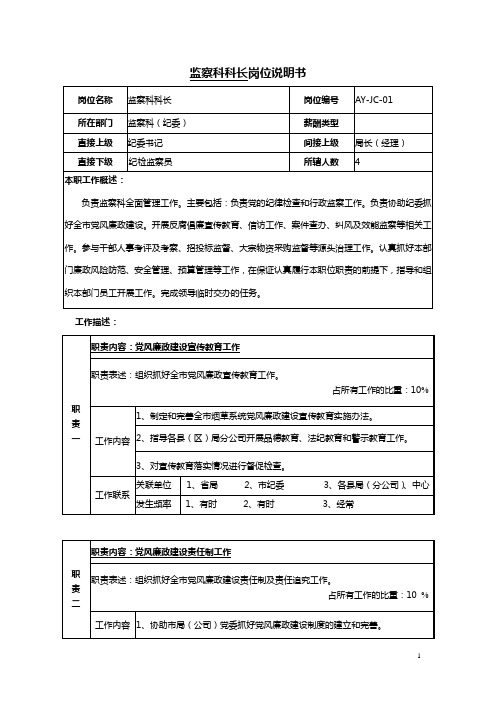 监察科科长岗位说明书范例
