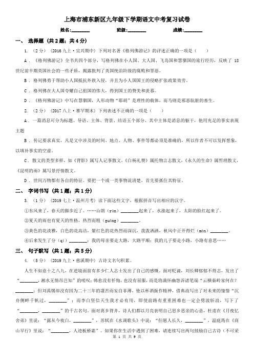 上海市浦东新区九年级下学期语文中考复习试卷