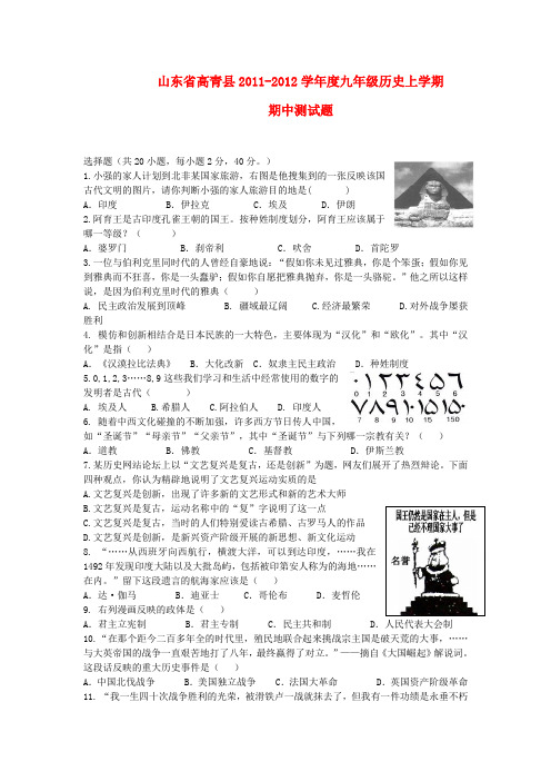 山东省淄博市高青县届九年级历史上学期期中测试试题