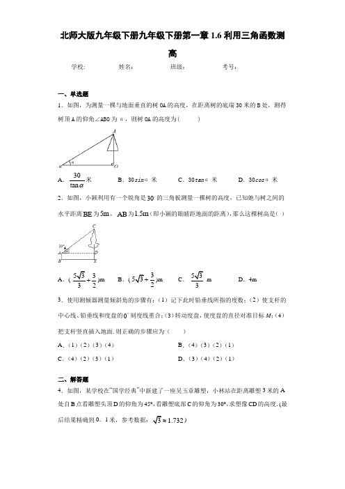 北师大版九年级下册九年级下册第一章1.6利用三角函数测高