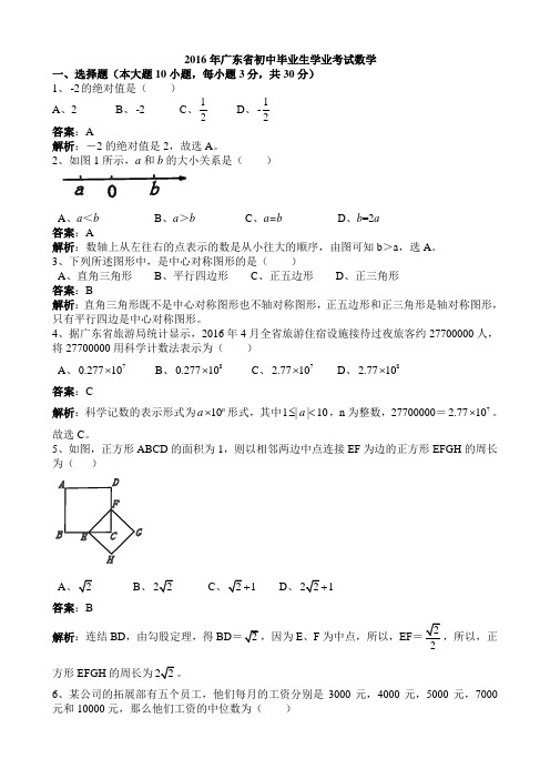 2016年广东省中考数学(word版,有解析)