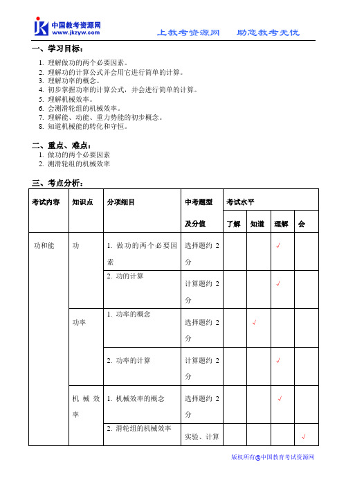 九年级物理系列学案【ty】中考一轮复习——力学专题(八)——功和能