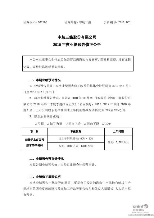 中航三鑫：2010年度业绩预告修正公告 2011-01-29