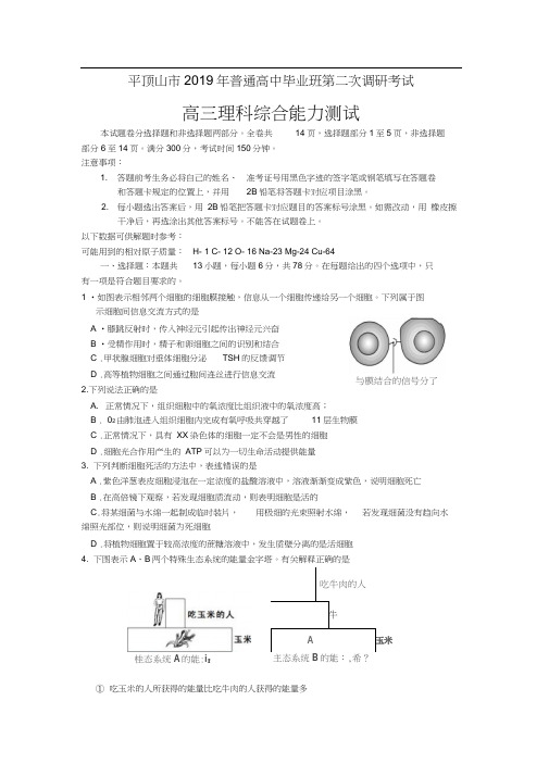 平顶山市2019年普通高中毕业班第二次调研考试理科综合能力测试