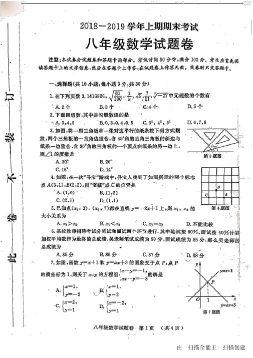 河南省郑州市八年级2018—2019学年上期期末考试数学试题及答案PDF版.docx