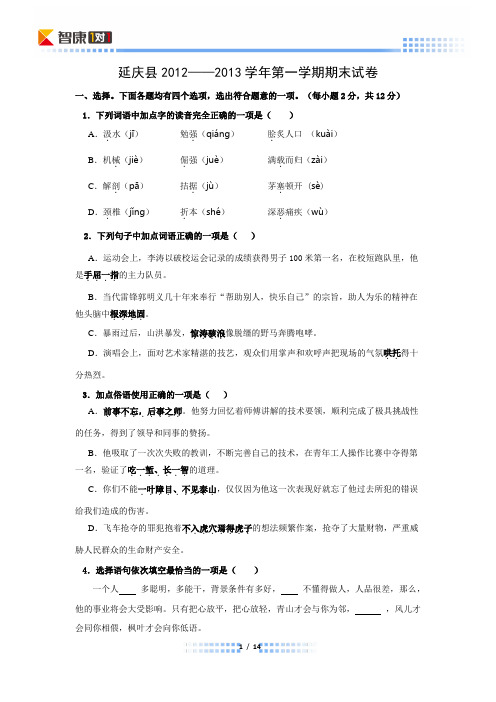 2013北京延庆初三上期末语文(word解析)
