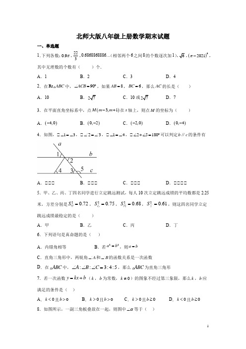 北师大版八年级上册数学期末试卷及答案