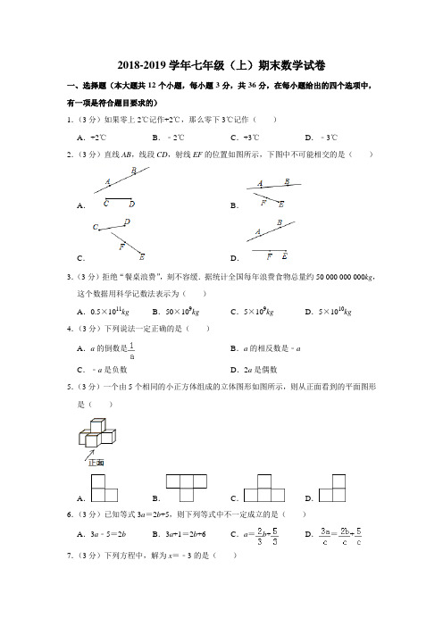 2018-2019学年天津市重点中学七年级(上)期末数学试卷 含答案