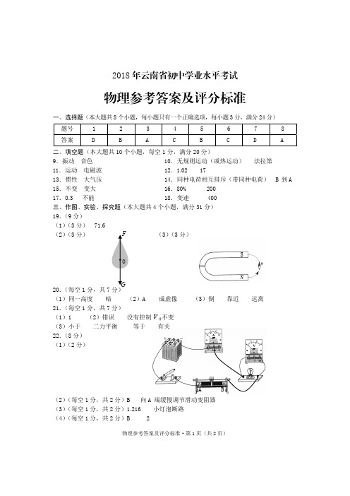 2018 年云南省初中学业水平考试 答案