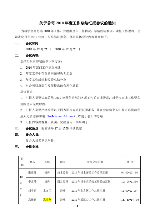 公司2010年度总结会通知最新