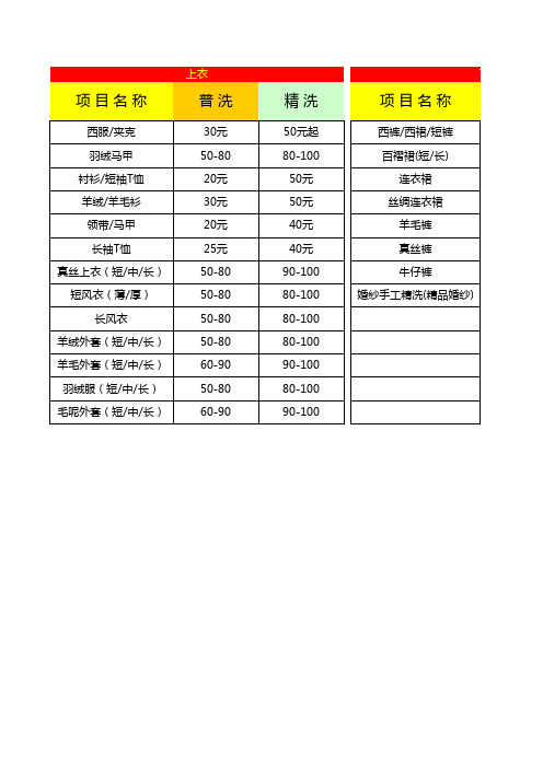 干洗店洗衣价格表