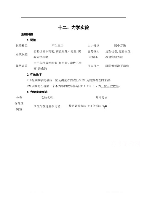 2020届高考物理江苏省二轮复习训练题：考前冲刺 第一篇 12-十二、力学实验 