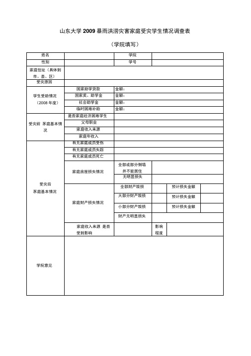 山东大学2009暴雨洪涝灾害家庭受灾学生情况调查表.