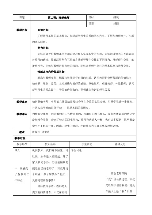 第二课《理解教师-阳光下灿烂的职业》教案(八年级上)