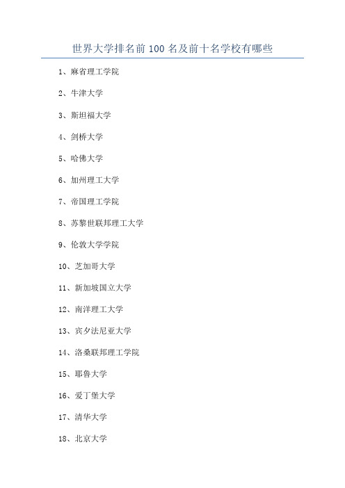 世界大学排名前100名及前十名学校有哪些