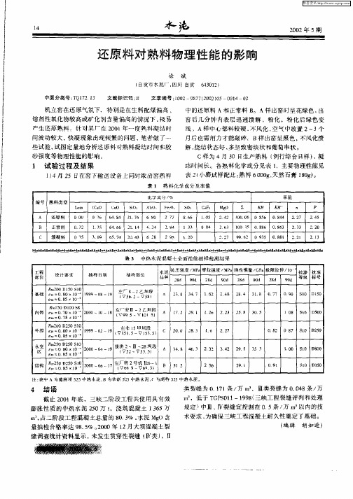 还原料对熟料物理性能的影响