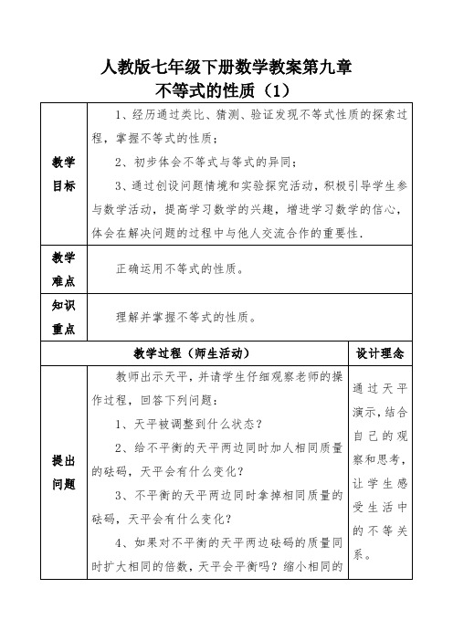 人教版七年级下册数学教案第九章不等式的性质(1)