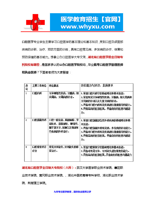 湖北有口腔医学的全日制大专院校
