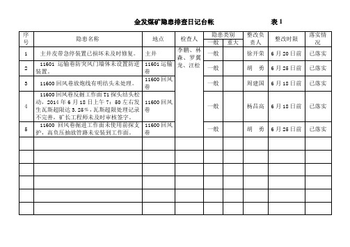 金发煤矿隐患排查日记台帐、复查登记账                 表1