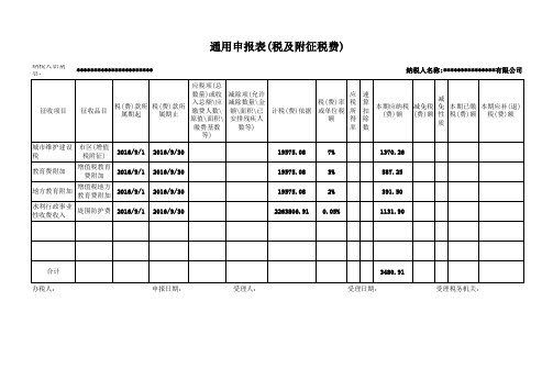 2016年地税  通用申报表(税及附征税费) 填写模板