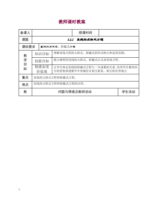 高中数学新人教版必修2教案3.2.1  直线的点斜式方程.doc