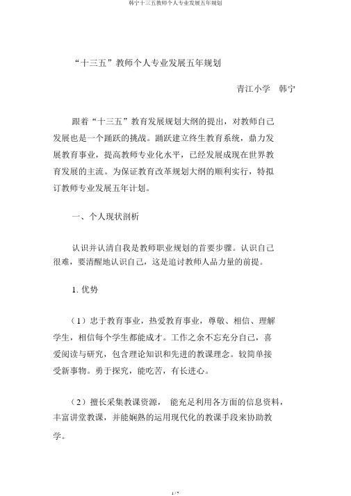 韩宁十三五教师个人专业发展五年规划