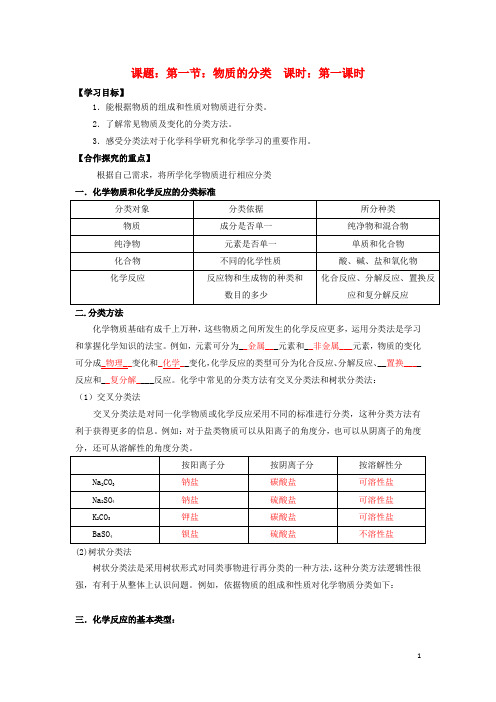 2018高中化学 第2章 化学物质及其变化 第1节 物质的分类(1)导学案 新人教版必修1