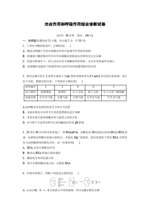 必修1第五章光合作用和呼吸作用综合诊断试卷-高一上学期生物人教版(2019)必修1