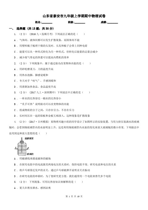 山东省泰安市九年级上学期期中物理试卷