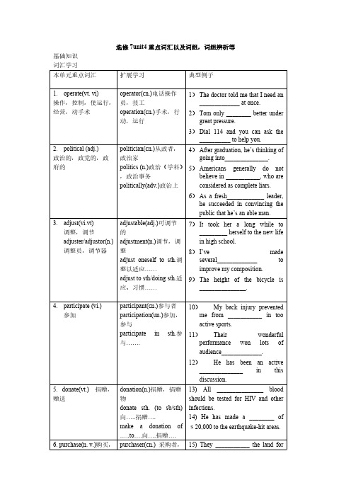 选修7unit4重点词汇以及词组